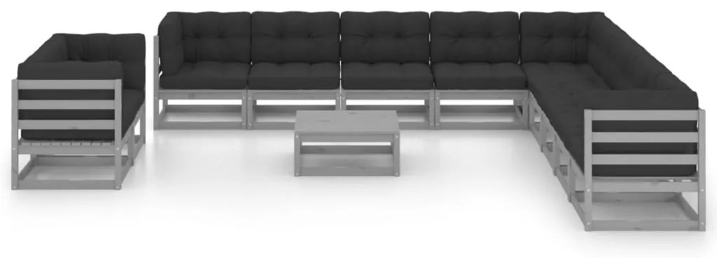 12 pcs conj. lounge de jardim + almofadões pinho maciço cinza
