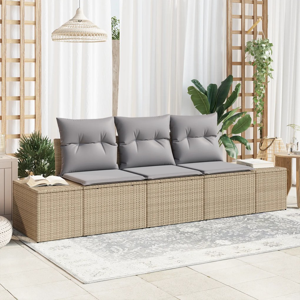 vidaXL Conjunto de Sofá de Jardim com Almofadas 3 Peças Bege Rattan Sintético