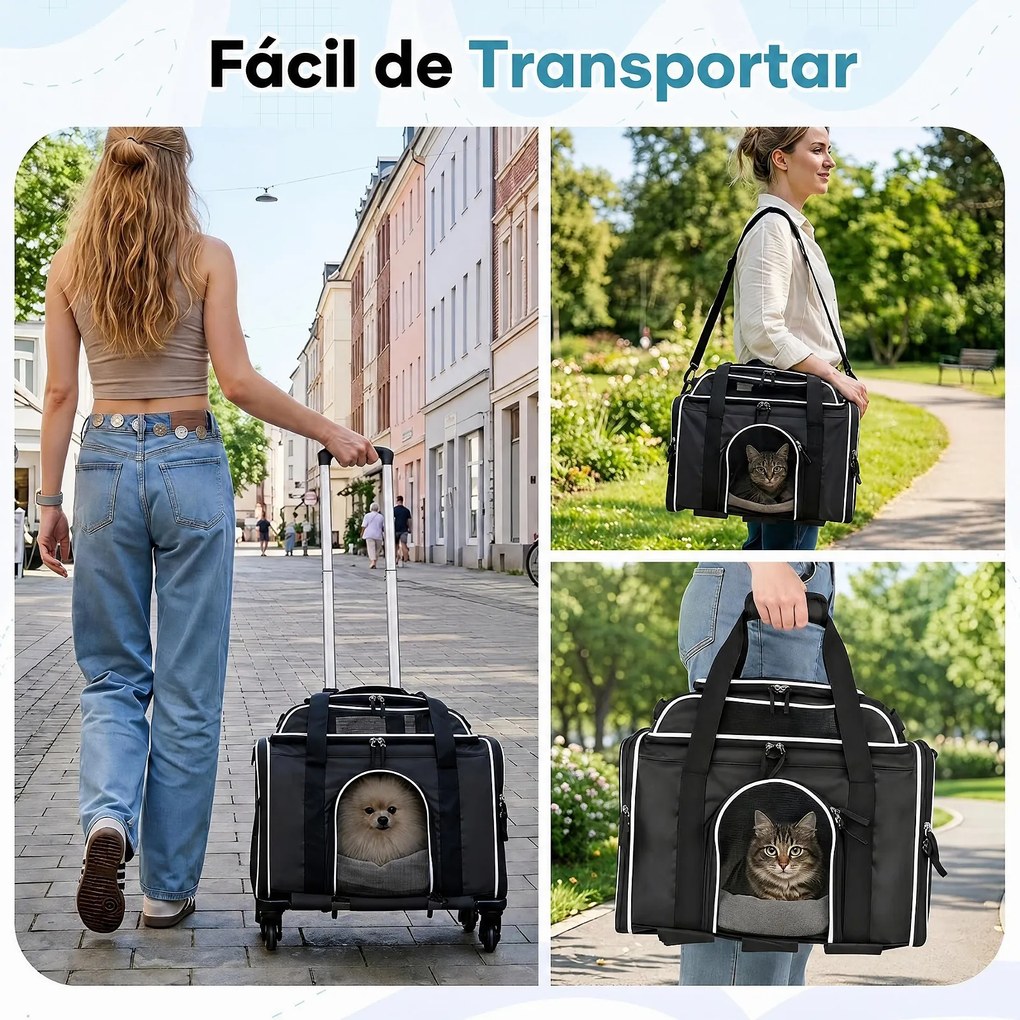Transportadora para Animais de Estimação, 46 x 29 x 28 cm, 3 em 1 com Rodas Removíveis, Preto