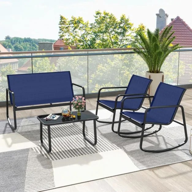 Móveis de jardim exterior 4 peças 2 cadeiras de baloiço e sofá de 2 lugares com mesa com tampo de vidro azul marinho