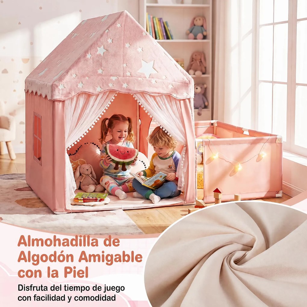 Casa de Jogos 2 em 1 com Parque Infantil, 169 x 120 x 136 cm, Luzes Estreladas, Rosa