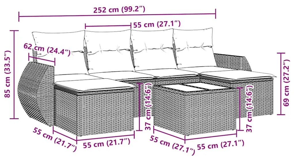 7 pcs conjunto de sofás p/ jardim c/ almofadões vime PE preto