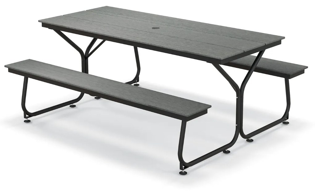 Conjunto de mesa de piquenique para exterior e 2 bancos para 8 adultos com estrutura metálica e tampo de mesa em PEAD para jardim, pátio e campismo Ci