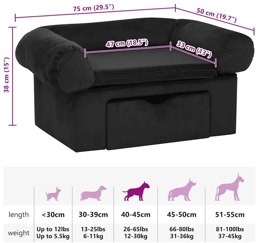 Sofá para cães com gaveta 75x50x38 cm pelúcia preto