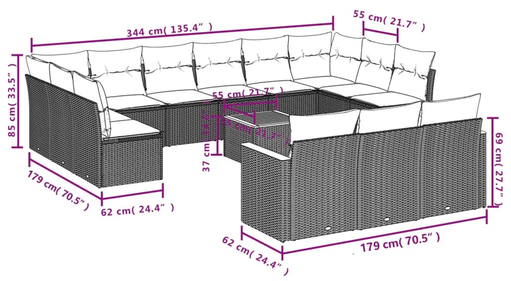 14 pcs conjunto de sofás p/ jardim com almofadões vime PE bege