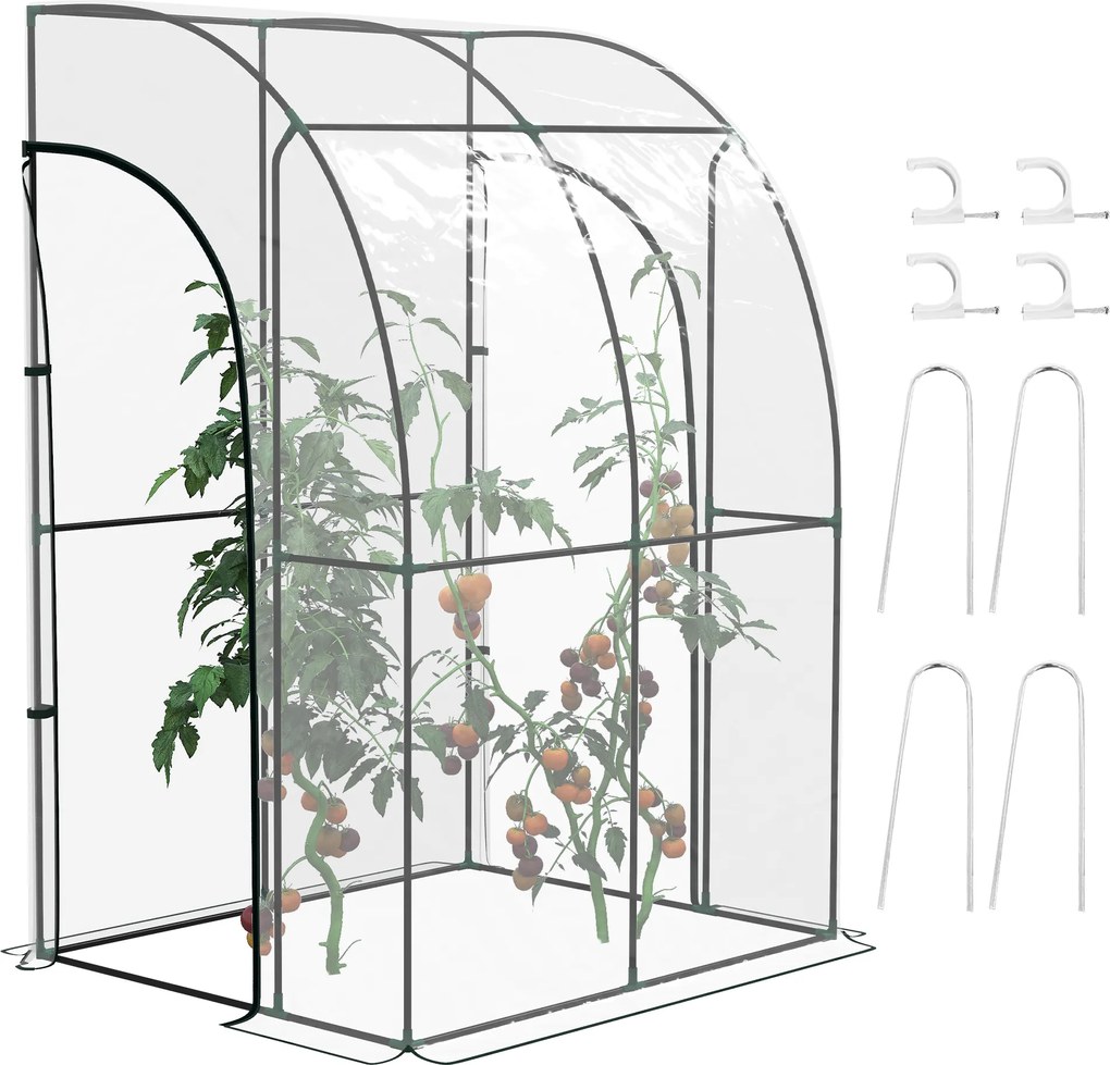 Estufa de jardim encostada, com 2 portas enroláveis com fecho de correr, em aço e PVC transparente