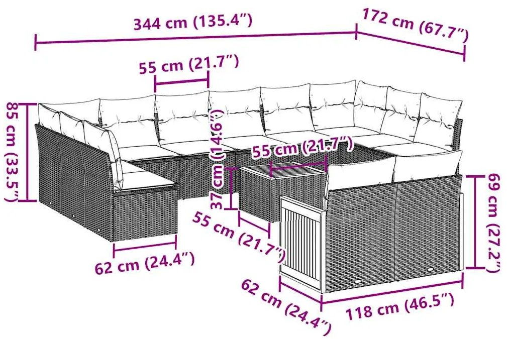 13 pcs conjunto de sofás de jardim com almofadões vime PE preto