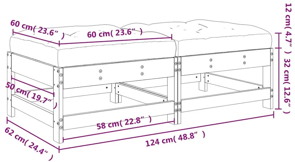 Apoios de pés p/ jardim c/ almofadões 2 pcs pinho maciço cinza