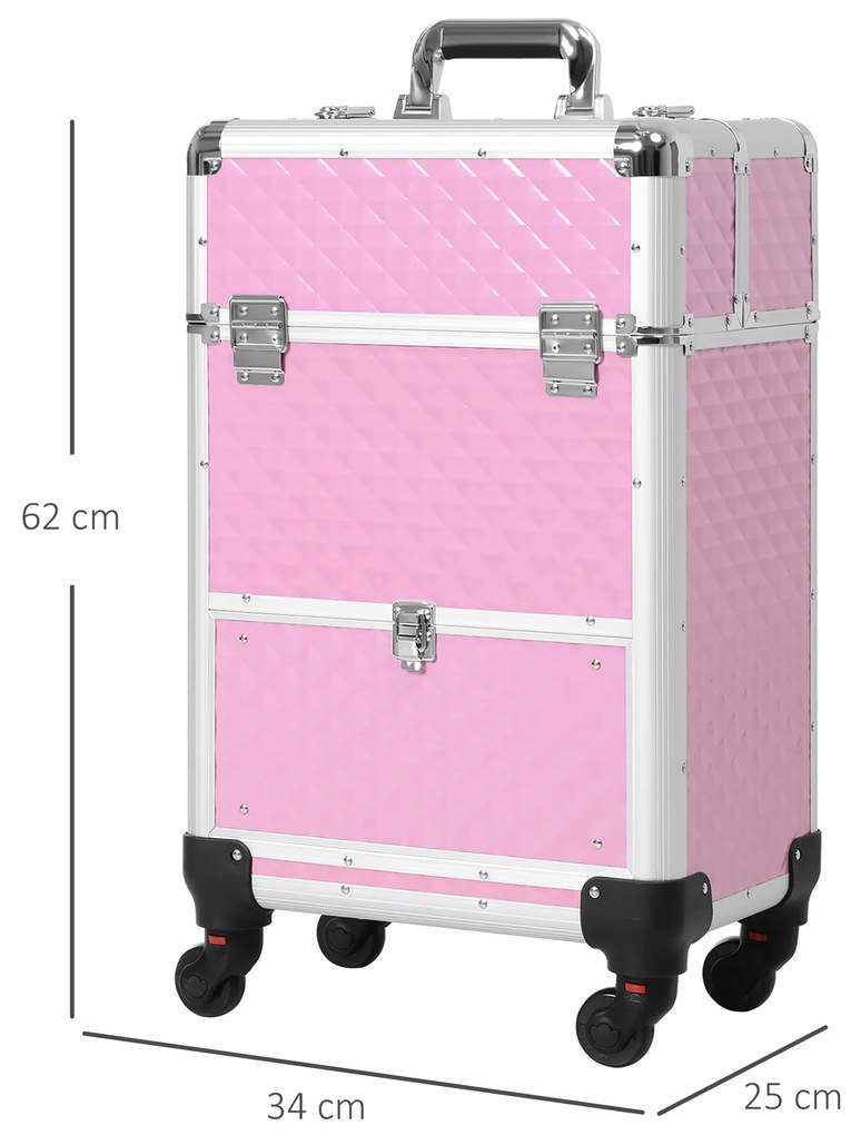 Mala de Maquilhagem Profissional com Gaveta Mala de Maquilhagem com Rodas para Viagem Trabalho 34x25x62 cm Rosa
