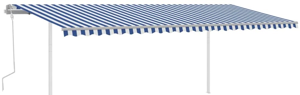 Toldo retrátil manual com postes 6x3,5 m azul e branco