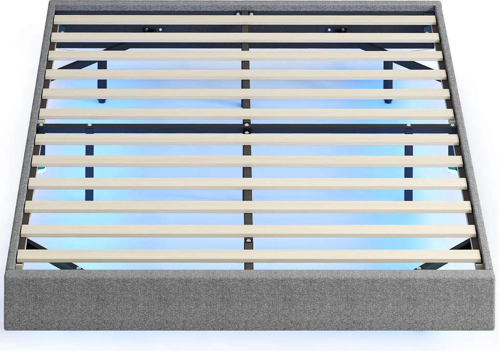 HOMCOM Cama 140x190 cm com Luzes LED Estofada em Linho Ripas de Madeira Silenciosa Fácil de Montar Cinzento | Aosom Portugal