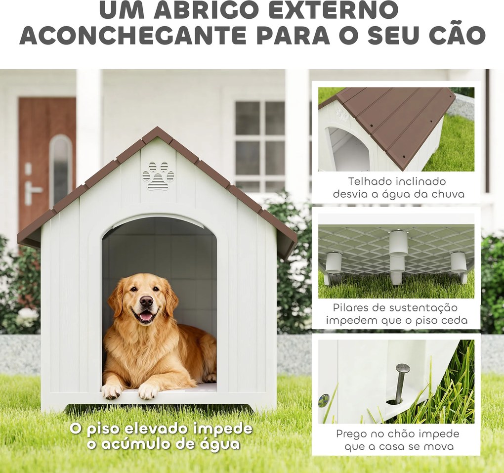 Casota para Cães de Exterior Casa para Cães Grandes de Plástico com 2 Janelas Base Elevada Estacas Castanho Escuro