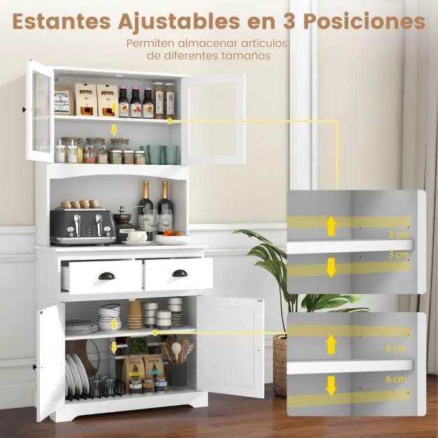 Armário de cozinha com portas de vidro temperado Estantes e gavetas ajustáveis Branco