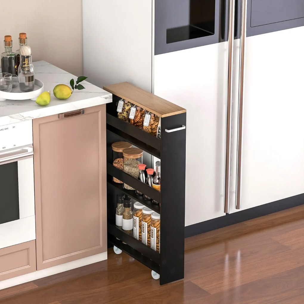 Carrinho de Cozinha armazenamento estreito com 4 prateleiras e organizador móvel economiza espaço para banheiro 48 x 12,5 x 81 cm preto e natural