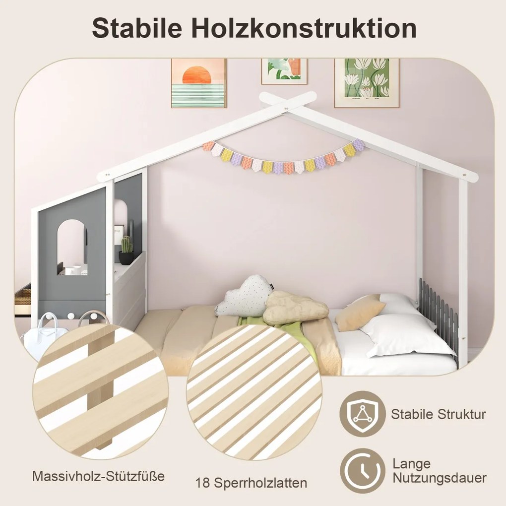 Cama Simples com Mesa, Cama de Plataforma de Madeira com Cerca, Cabeceira, Ganchos e Gavetas, Base de Cama 200x90cm, Branca e Cinza