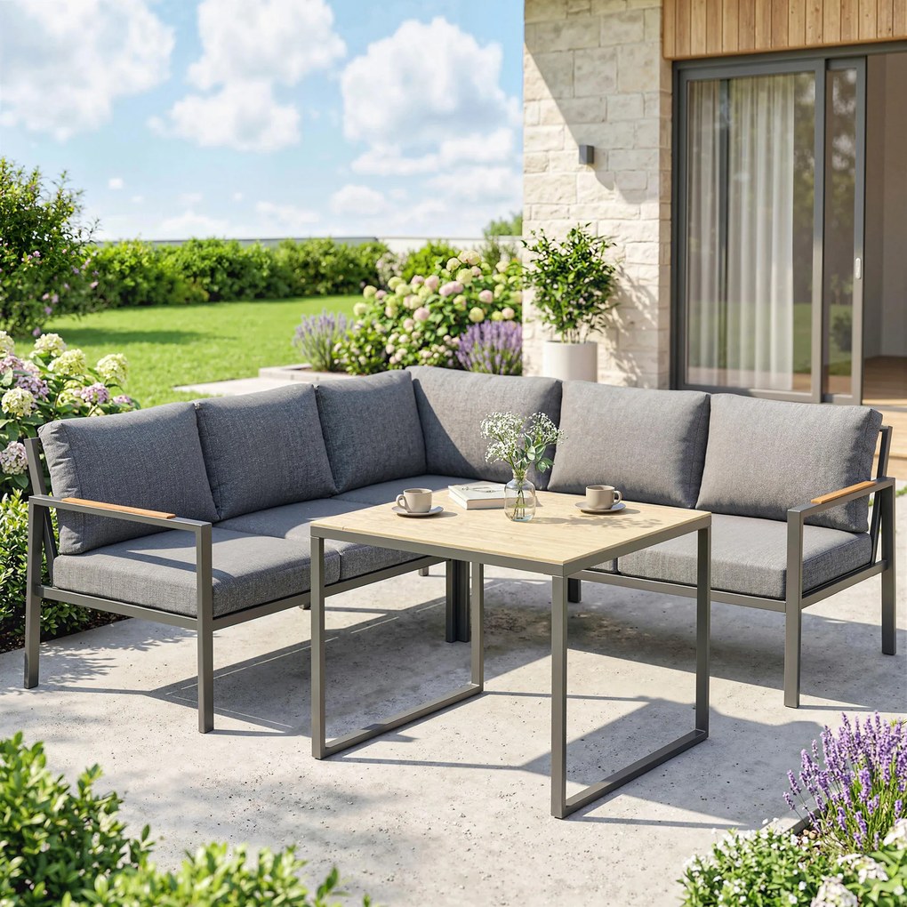 Conjunto de jardim de 3 peças para 5 pessoas, 2 sofás com almofadas grossas, 1 mesa de centro, 183 x 183 x 72 cm, cinzento escuro