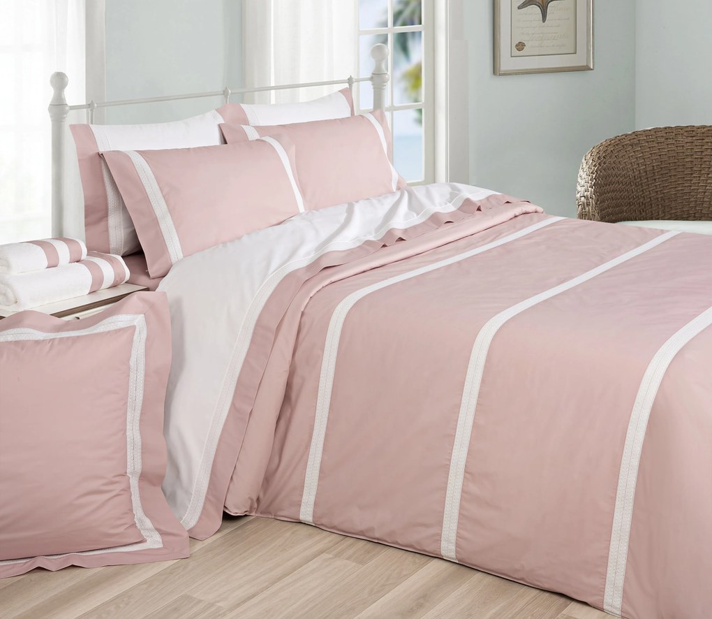 Roupa de cama Bordada - Divinus cor Rosa com Branco: Rosa / Branco  1 capa P/ edredão fecha com fecho / Zip - 280x240 cm (largura  x comprimento )  + 2 fronhas 50x70 cm  fecha com pala interna