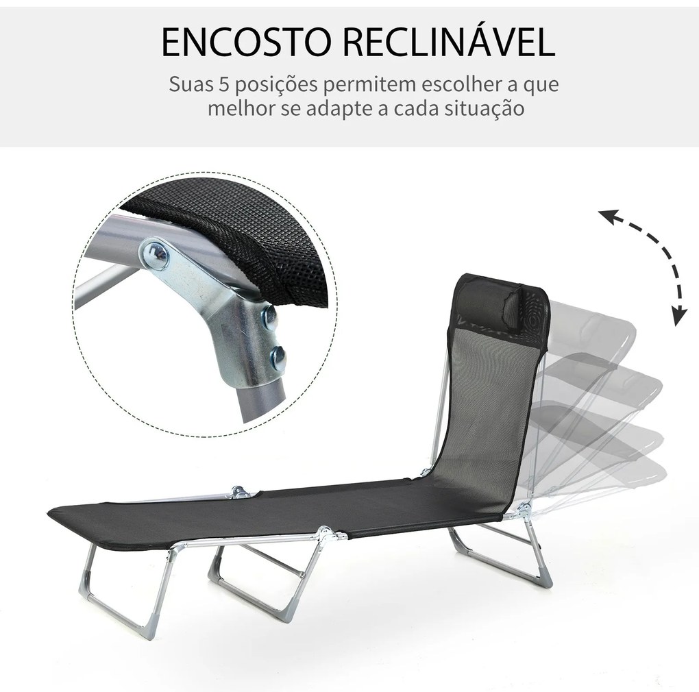 Espreguiçadeira dobrável e reclinável de jardim com apoio de cabeça e