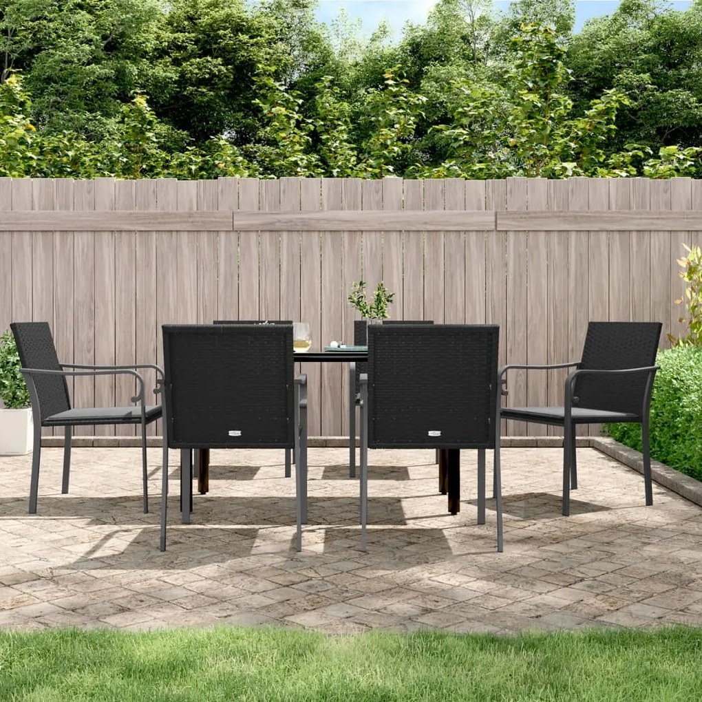 7 pcs conjunto de jantar p/ jardim c/ almofadões vime PE e aço