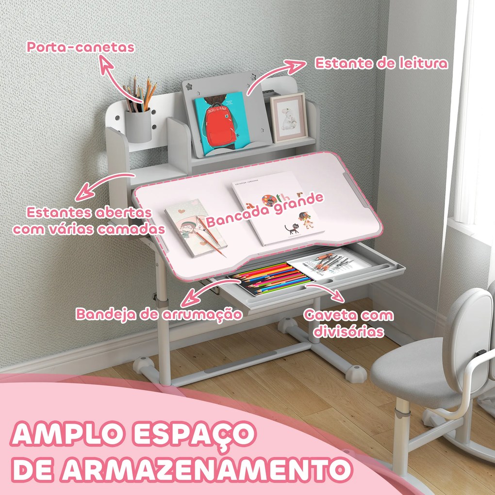 Conjunto de Secretária e Cadeira para Crianças Secretária Infantil Altura Ajustável 80x55x107,5 cm Cinza