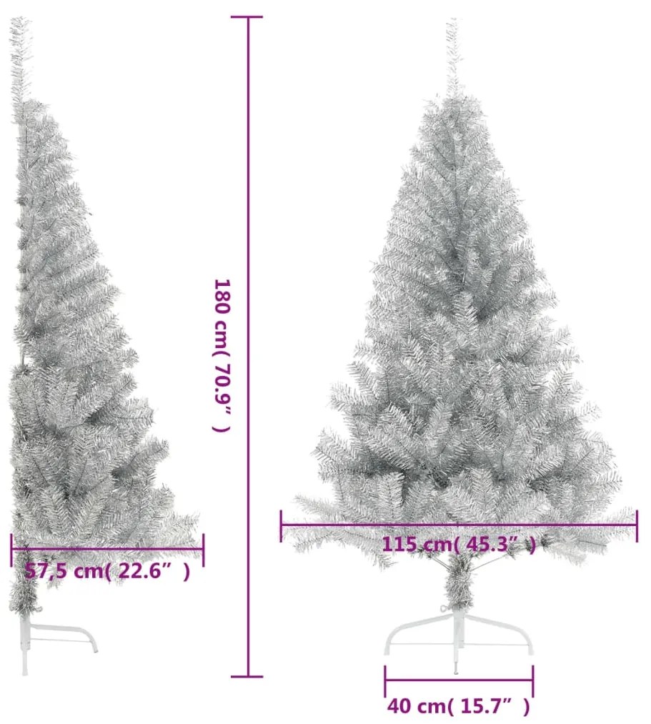 Meia árvore de Natal artificial com suporte 180 cm PET prateado