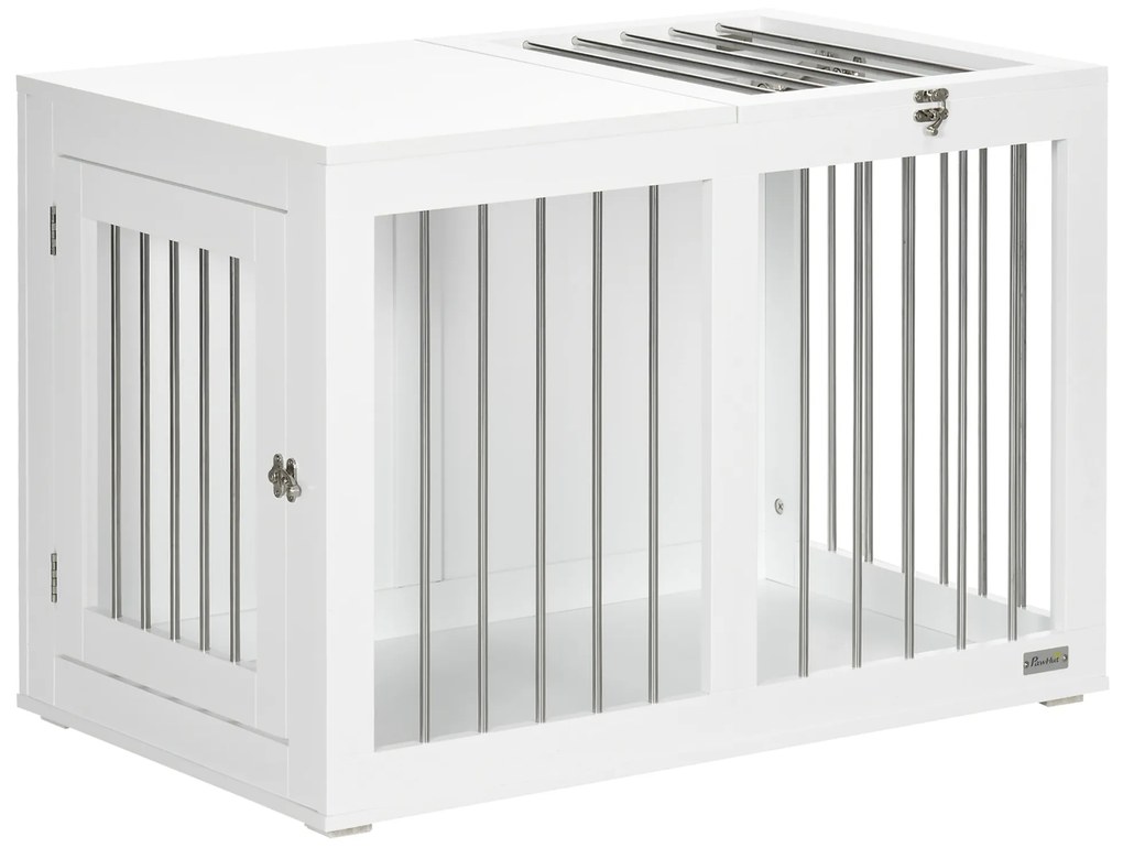 PawHut Gaiola para Cães com 2 Portas Bloqueáveis Casa para Cães de Tamanho Médio para Interior e Mesa Auxiliar 80x50x56,5 cm Branco