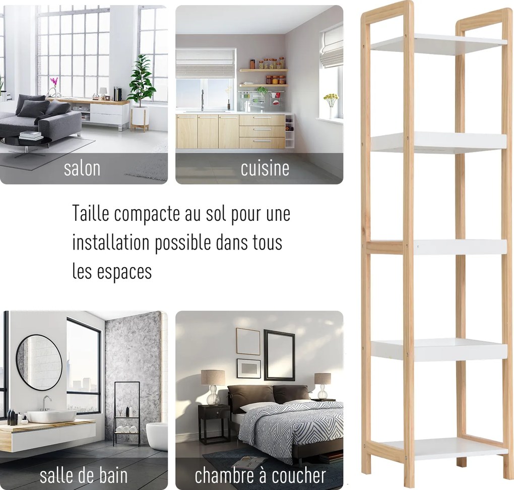 Estante de casa de banho em bambu, modelo vertical, com 3 cestos + 2 prateleiras, 32 x 30 x 130 cm, bege e branco