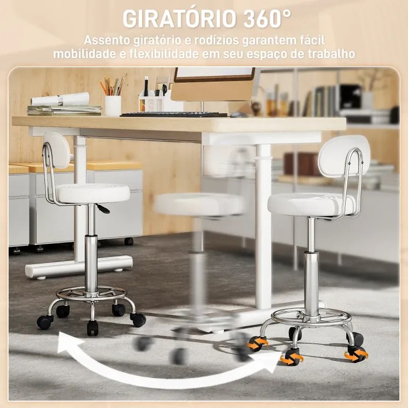 Banco Giratório com Rodas e Encosto Banco de Trabalho maquilhagem Cabeleireiro com Altura Ajustável Banco Estofado em Couro Sintético 32x40x70x70-86