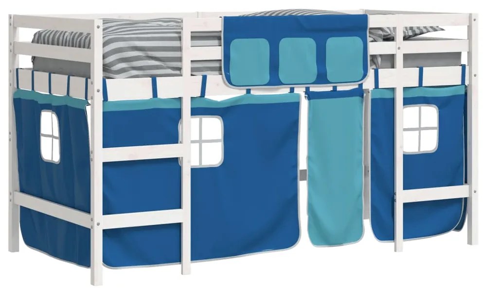 Cama alta p/ criança c/ cortinas 90x190 cm pinho maciço azul