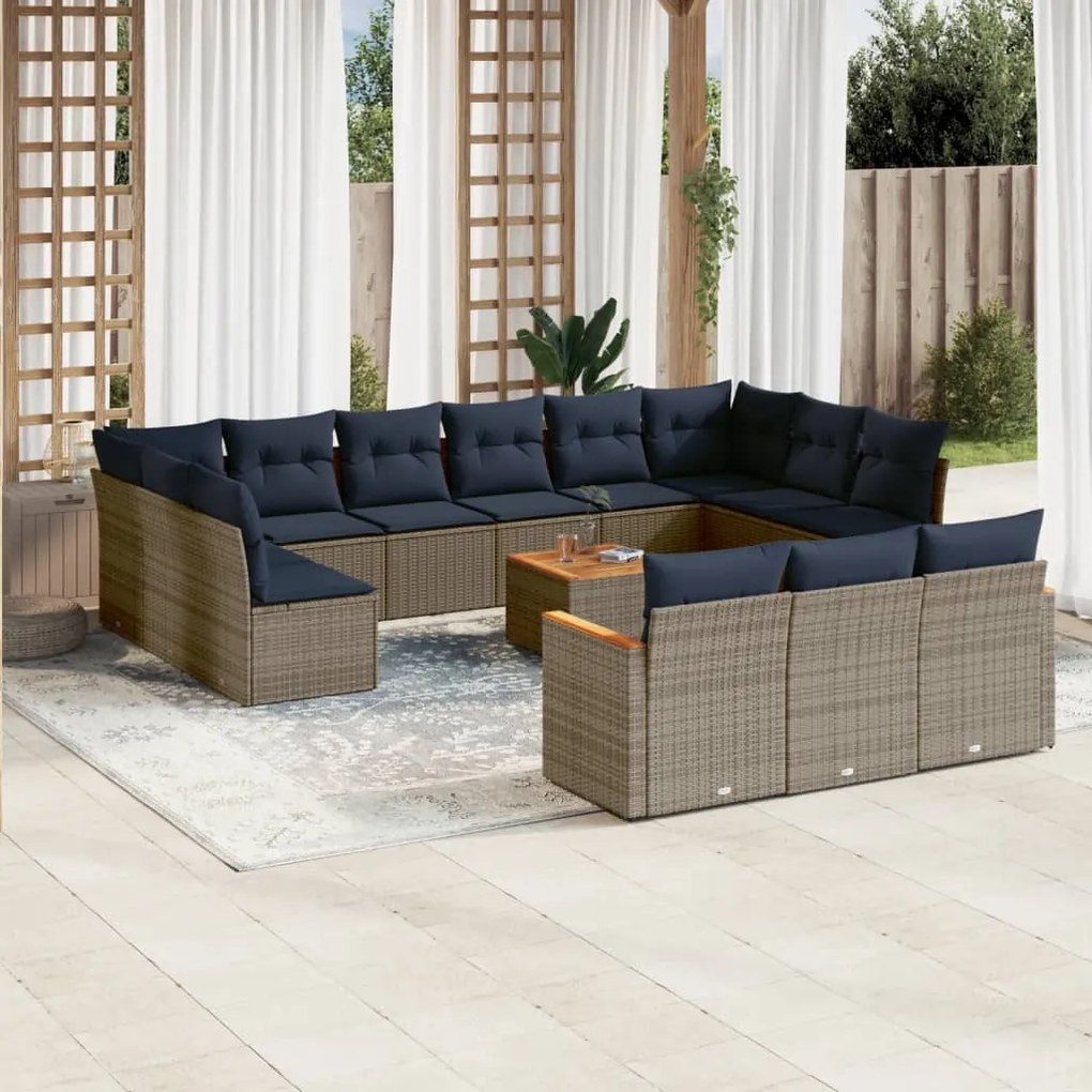 vidaXL 14 pcs conjunto sofás p/ jardim c/ almofadões vime PE cinzento