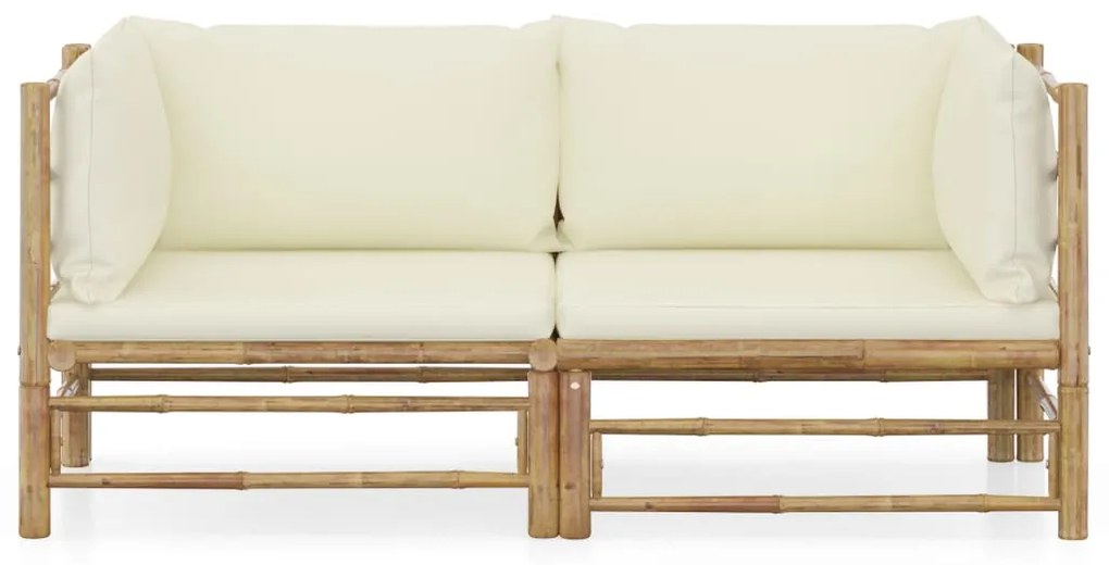 2 pcs conjunto lounge de jardim bambu c/ almofadões branco nata