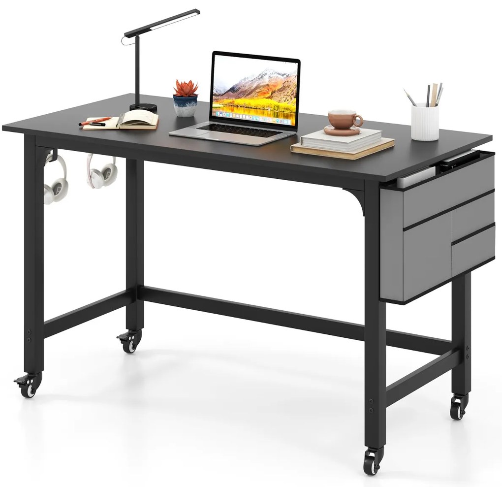 Secretária com Rodas Mesa de Escritório 120 x 60 x 75 cm com Bolsa e Ganchos para Auscultadores Compacta Estrutura em Metal Preto