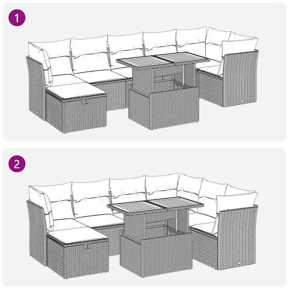 8 pcs conjunto sofás jardim com almofadões vime PE/acácia bege