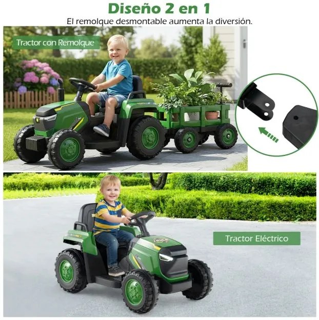 Trator Elétrico para crianças de 12V com Reboque Desmontável Comando à Distância Faróis LED Buzina Música Arranque Verde Escuro