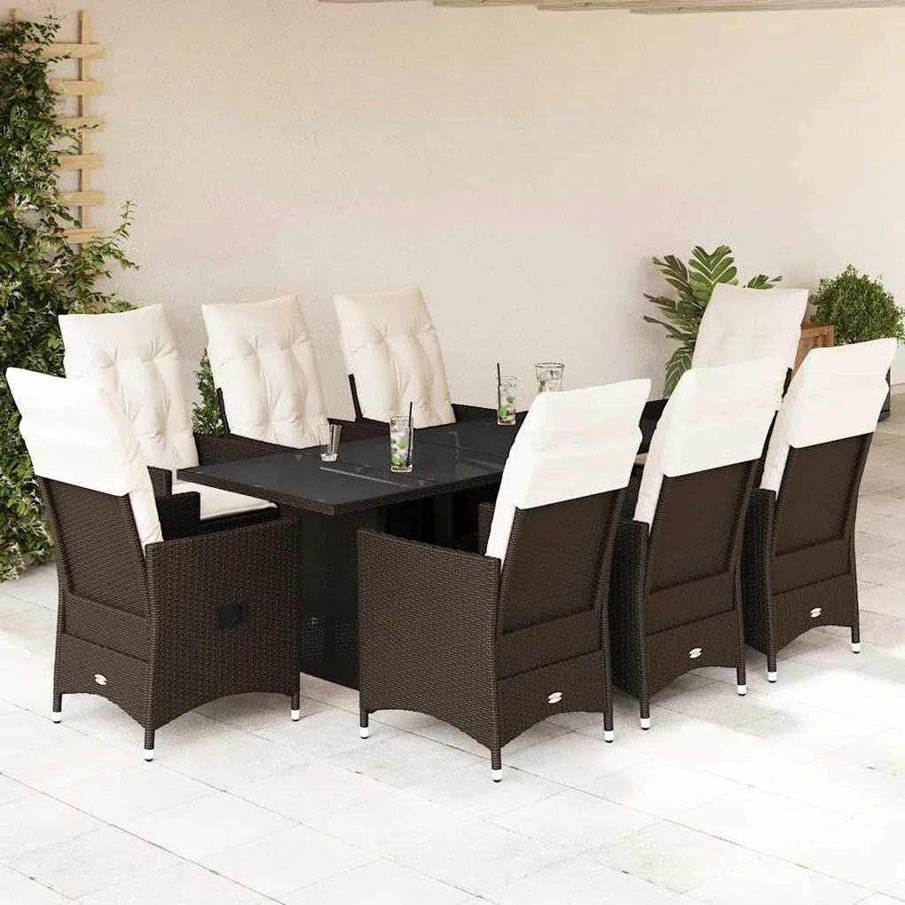 vidaXL 9 pcs conjunto jantar p/ jardim c/ almofadões vime PE castanho