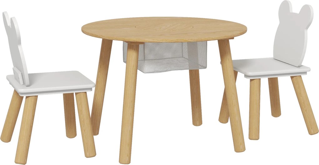 Mesa Infantil com 2 Cadeiras com Espaço de Arrumação para Crianças de 3-6 Anos para Sala de Jogos Dormitório Madeira e Branco