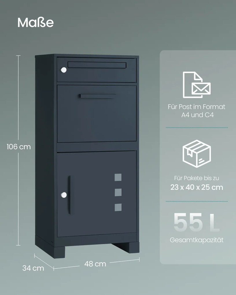 Caixa de correio 34 x 48 x 106 cm com compartimento para encomendas e fechadura de segurança na tampa para envios, cor antracite