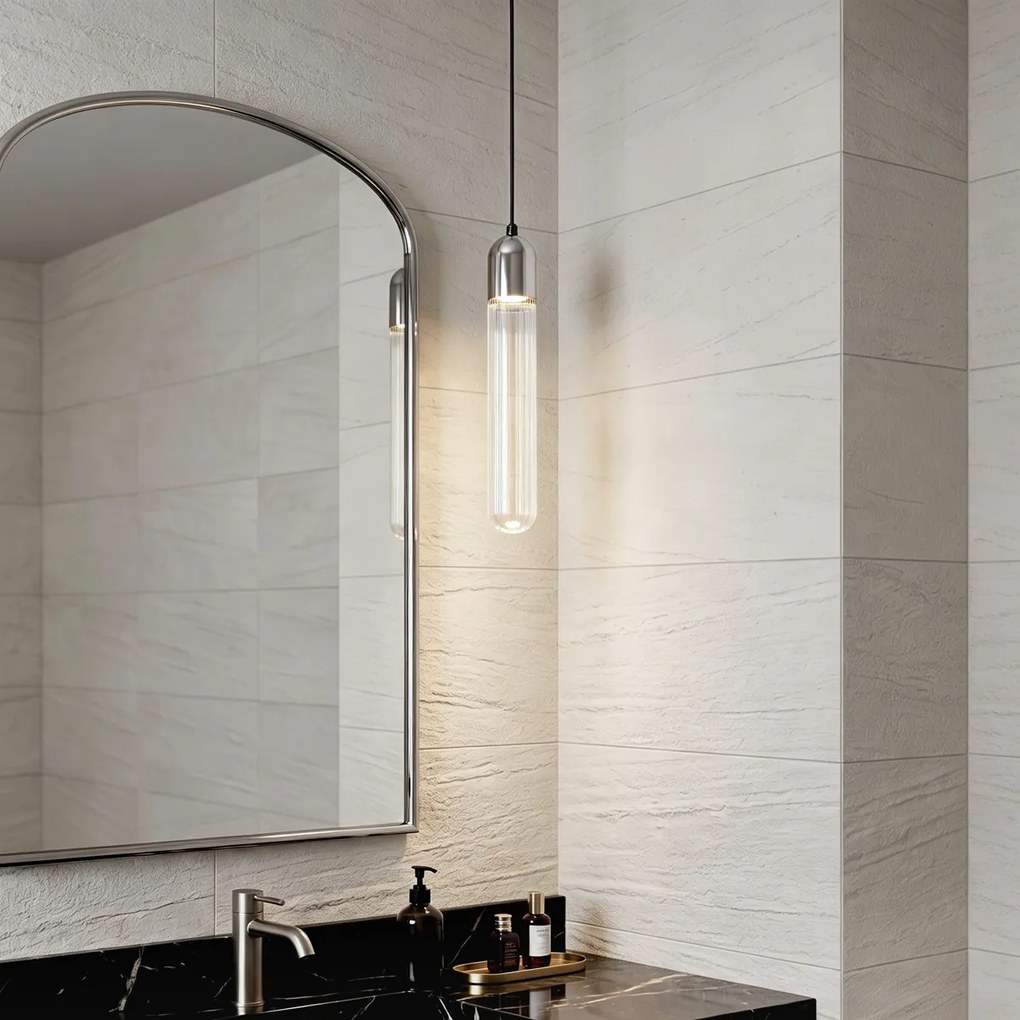 Candeeiro Pendente Art Deco Cromado com Vidro Canelado IP44 - Walcott
