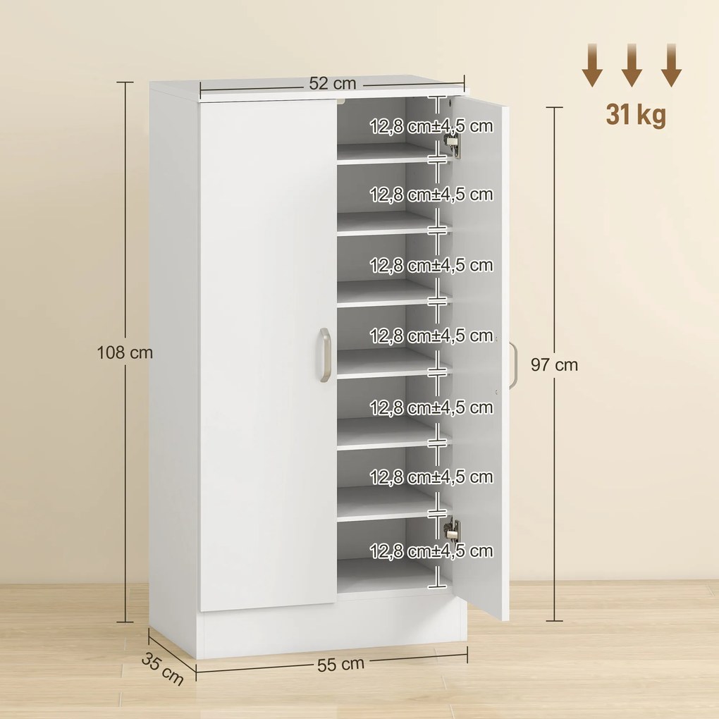 Sapateira de 2 Portas Sapateira para Entrada com 6 Prateleiras Ajustáveis para 14 Pares de Sapatos 55x35x108 cm Branco