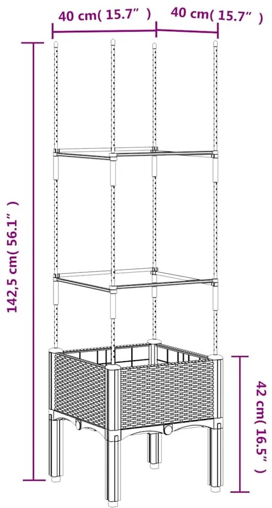 Vaso/floreira de jardim c/ treliça 40x40x142,5 cm PP cinzento azul