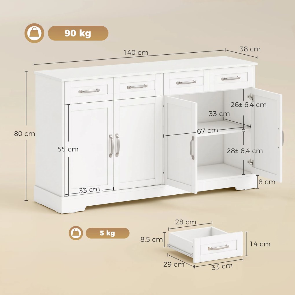 Móvel de Cozinha Shaker, 140 x 38 x 80 cm, 4 Gavetas e 4 Portas, Branco