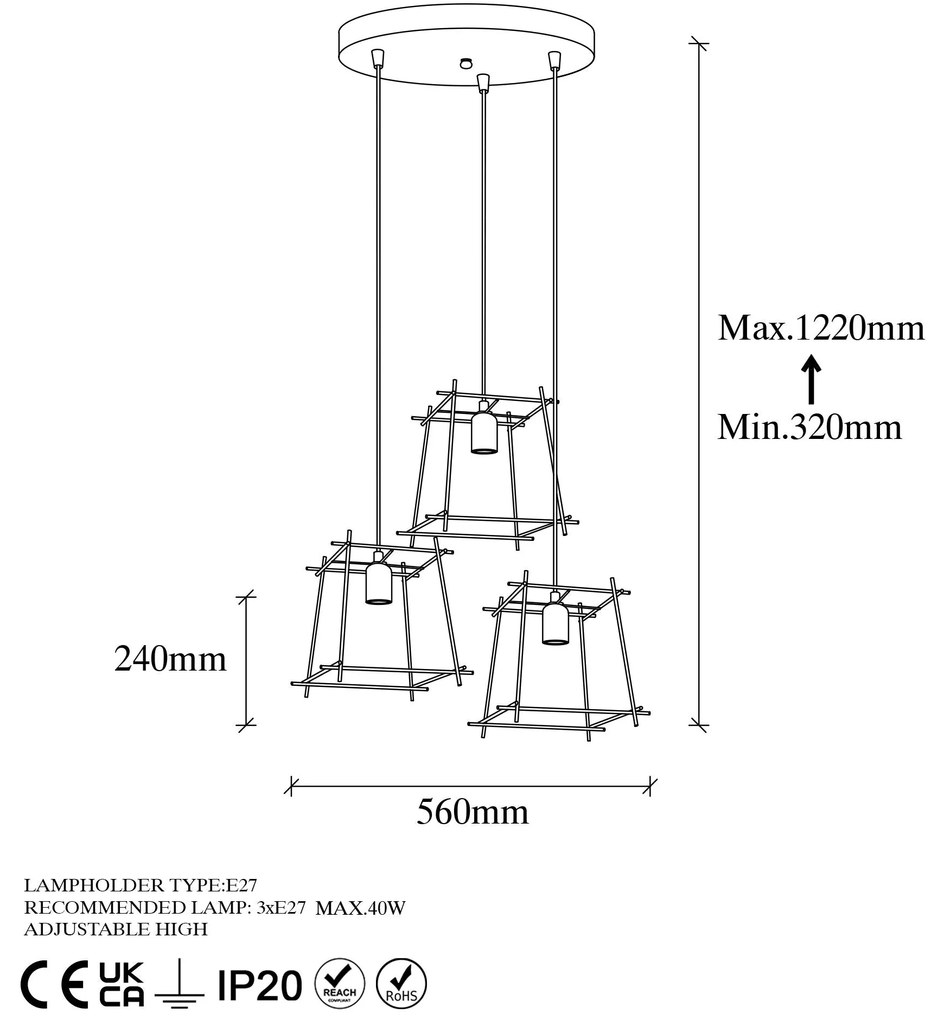 Chandelier Coman – Ouro Brilhante – 56 x 56 x 122 cm