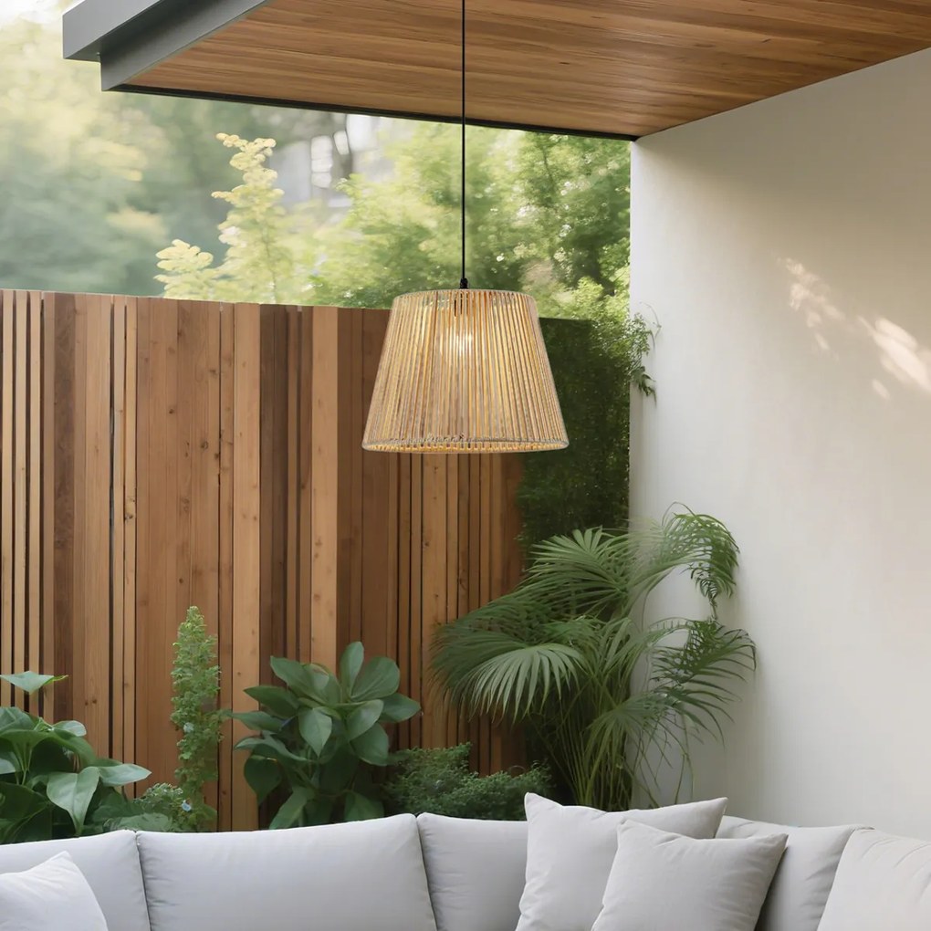 Candeeiro suspenso exterior preto com abajur de corda bege IP44 - Cava Jayla