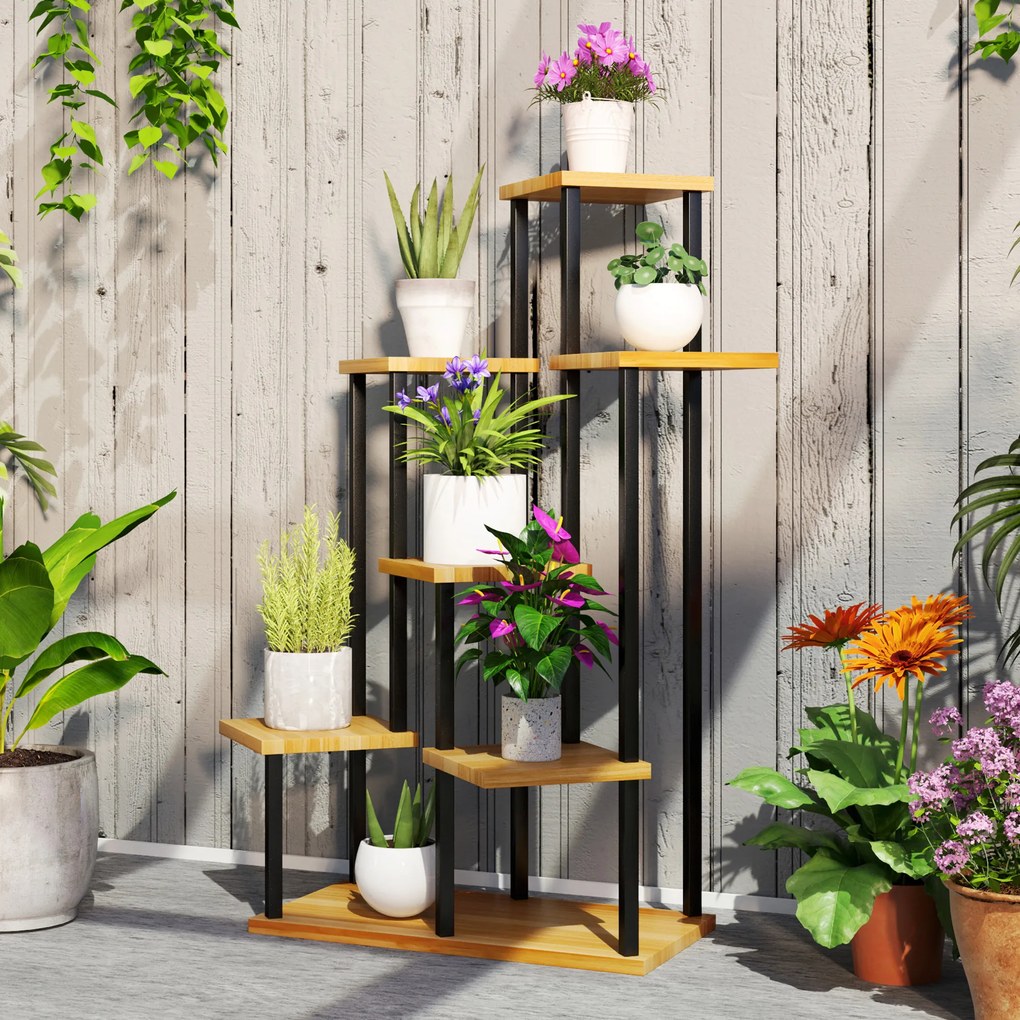 Suporte para plantas com 7 níveis para interior e exterior, prateleira para plantas em aço e madeira, madeira natural