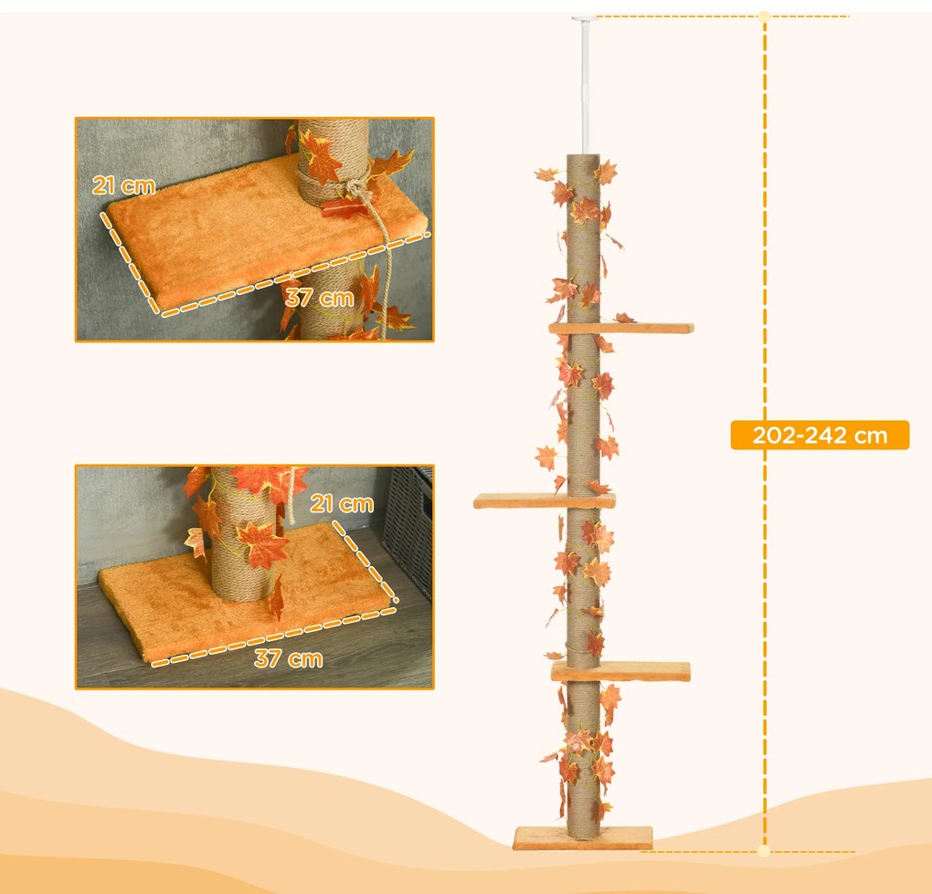 Arranhador para Gatos do Chão ao Teto 37x21x202-242 cm Torre Arranhador para Gatos com Altura Ajustável 3 Plataformas Laranja