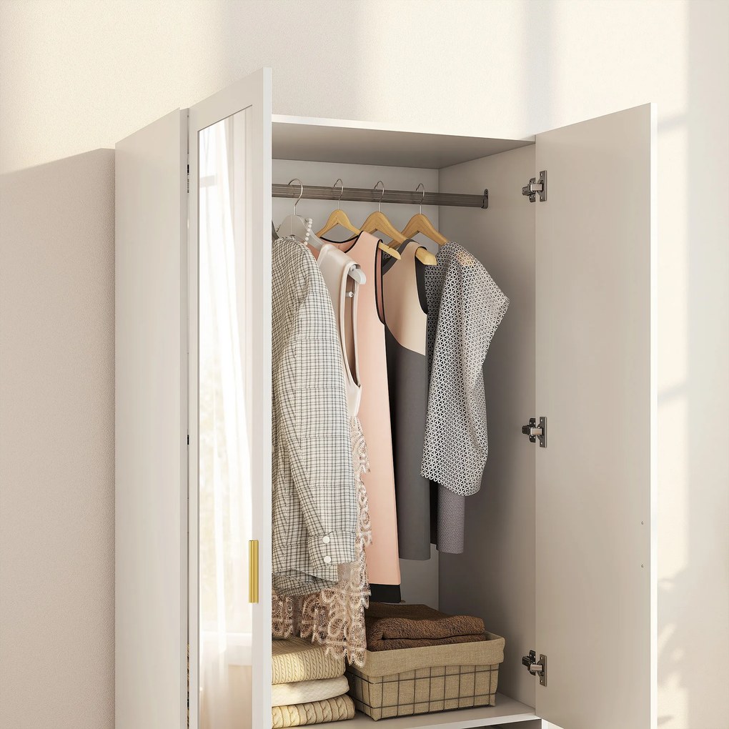 Guarda Roupa com 80x50x180 cm 2 Portas e 2 Gavetas Armário Roupeiro com Espelho Barra para Pendurar Estilo Moderno Branco