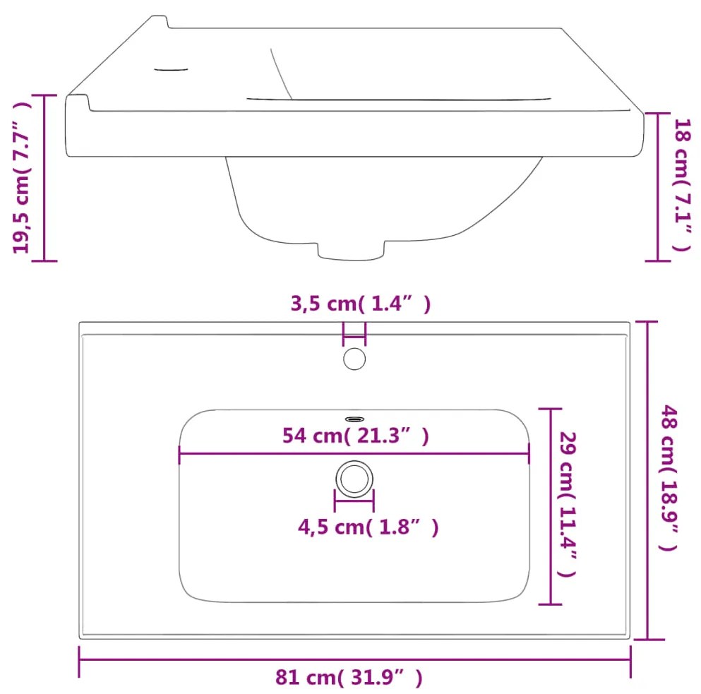 Lavatório casa de banho retangular 81x48x19,5cm cerâmica branco