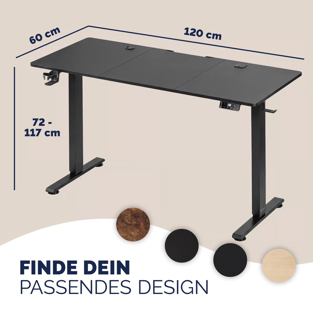 Secretária elétrica com altura ajustável 120x60x72-117 cm Preta