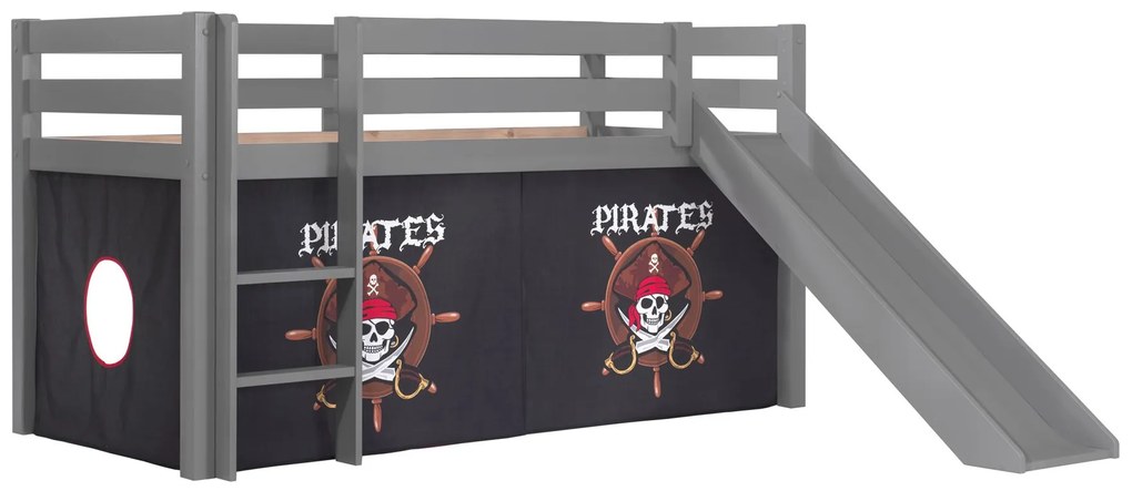 Conjunto Cama alta de Criança PINO 90 x 200 cm + estrado + escada + escorrega + cortina Piratas Cinzenta