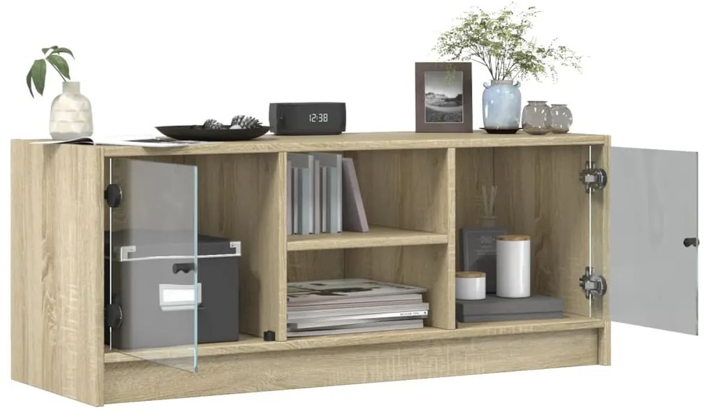 Móvel de TV c/ portas de vidro 102x37x42 cm carvalho sonoma